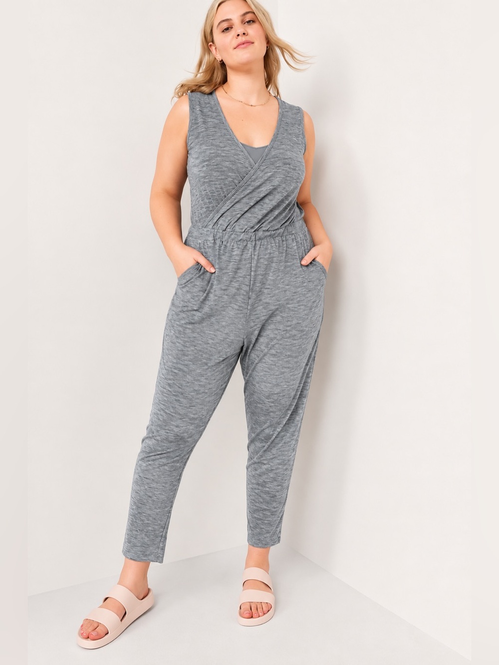 Old Navy Breathe Cross Front Stretch Jumpsuit Gray Sleeveless Size XL Summer